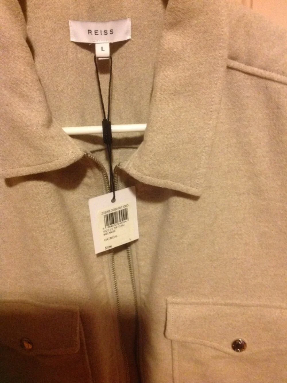Reiss Men's Large Front Zipper Closure Long Sleeve Jacket - New with Tags